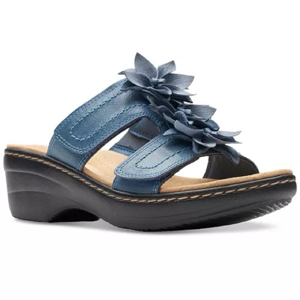 Clarks Collection Merliah Raelyn Floral Wedge Sandals Size 12M Blue Leather